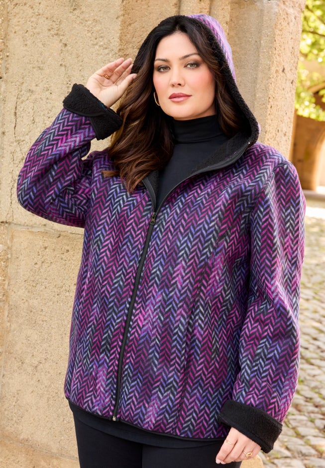 Printed Fleece Coat with Sherpa Lining image number 3