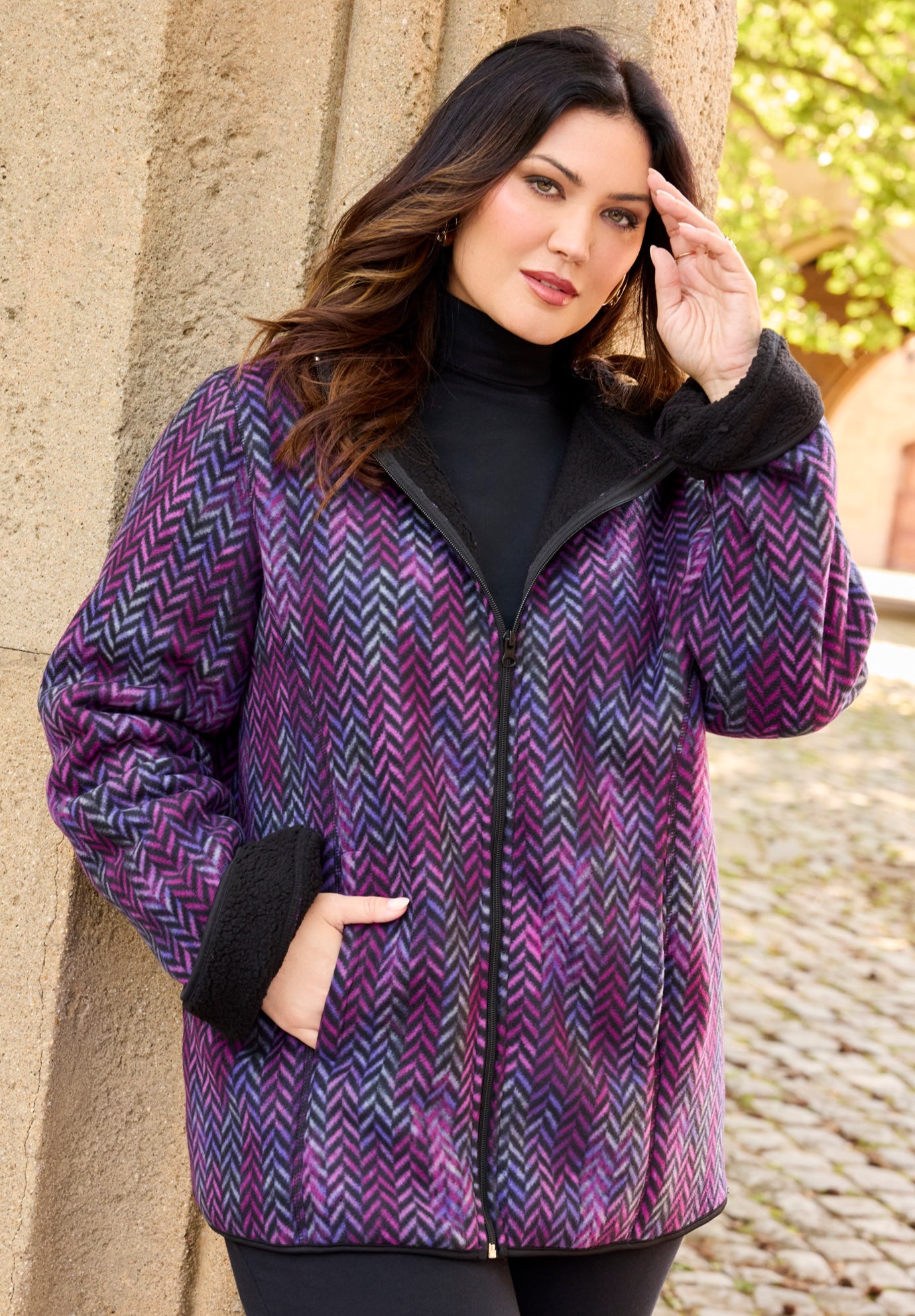 Printed Fleece Coat with Sherpa Lining image number 0