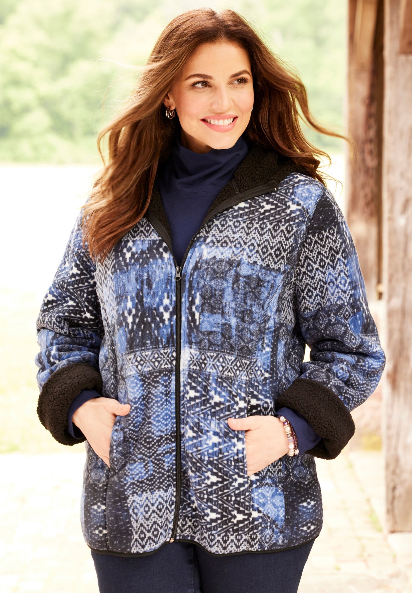 Printed Fleece Coat with Sherpa Lining image number 4
