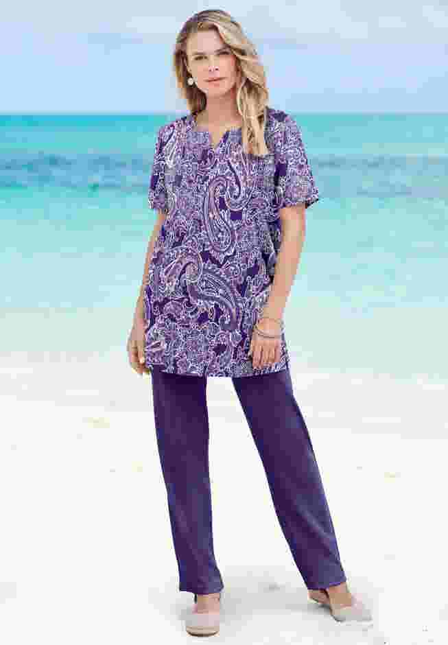 Plus Size Soft Knit Print Tunic with Notch Neckline image number 0