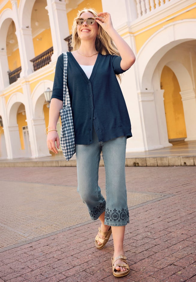 Stretch Denim Five-Pocket Capri Jeans image number 6