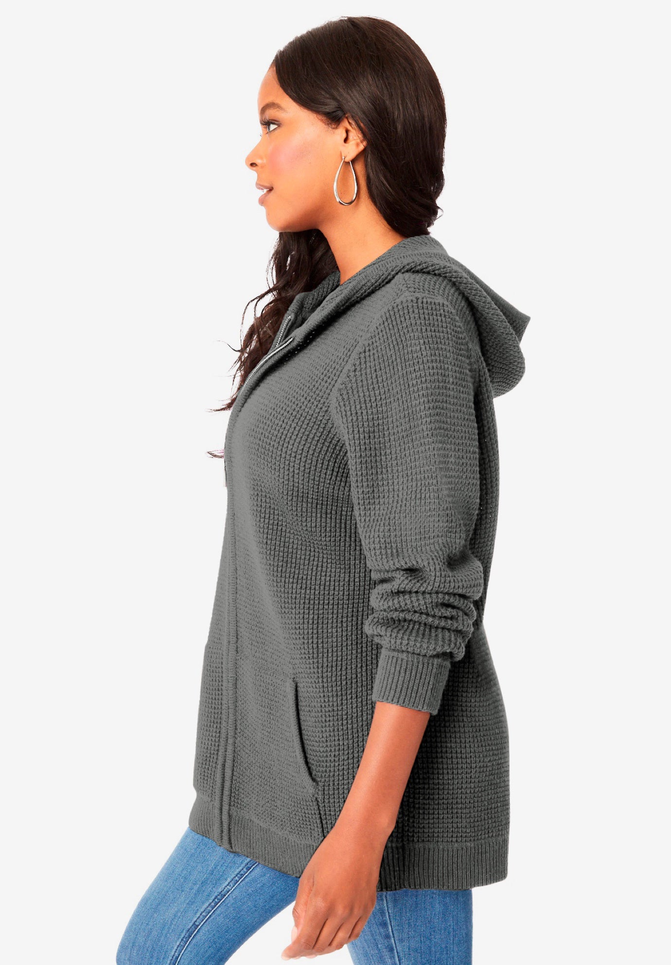 Plus Size Waffle Knit Zip-Front Relaxed Hoodie image number 3