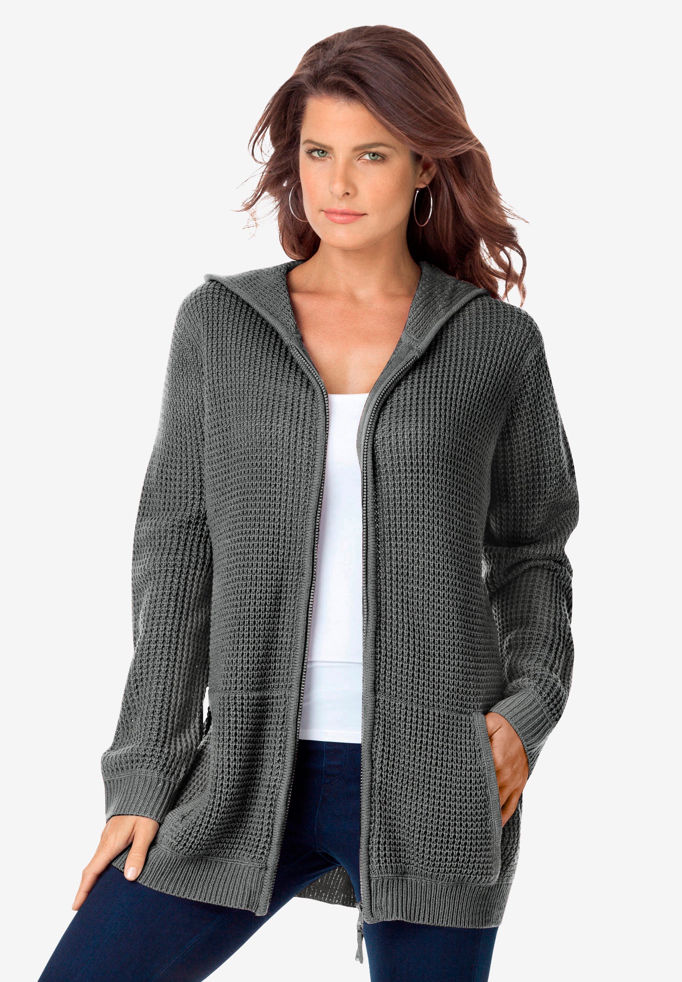 Plus Size Waffle Knit Zip-Front Relaxed Hoodie image number 1